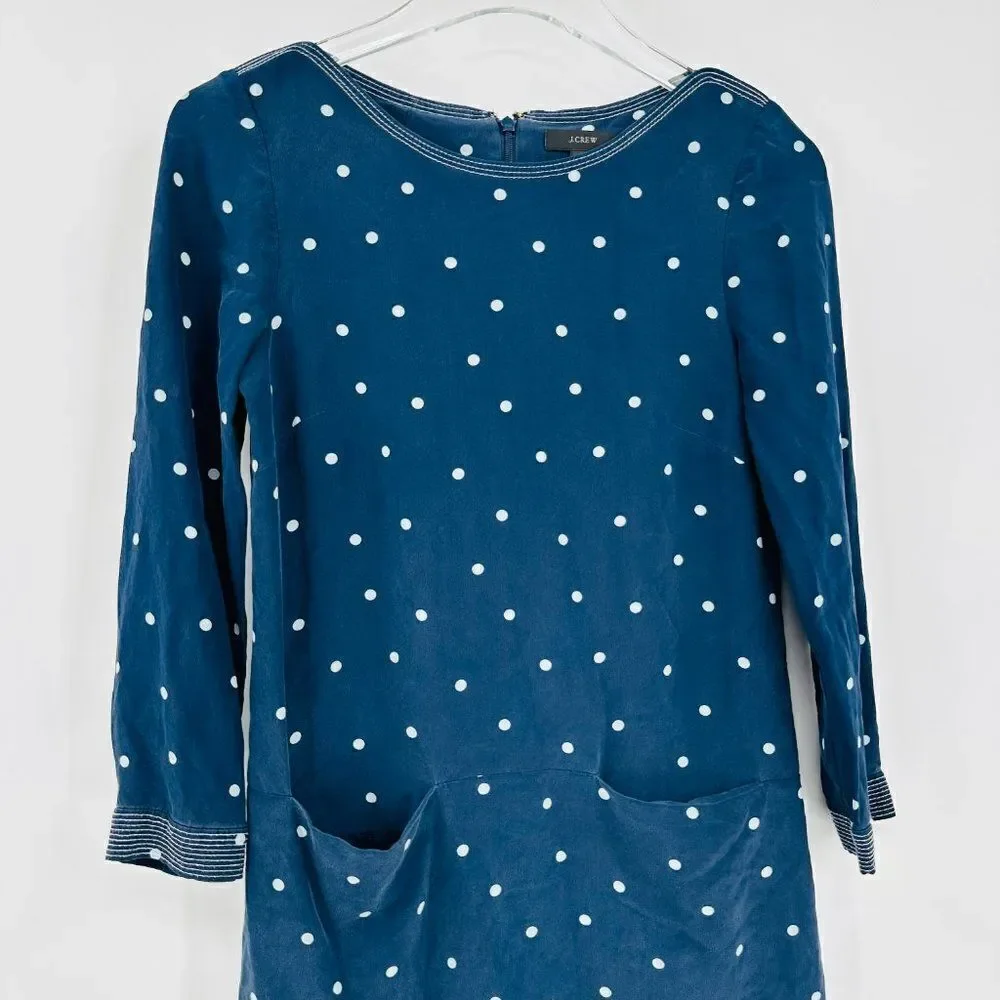 J. Crew Size 00 Navy Blue & White Polka Dot 100% Silk 3/4 Sleeve Shift Dress